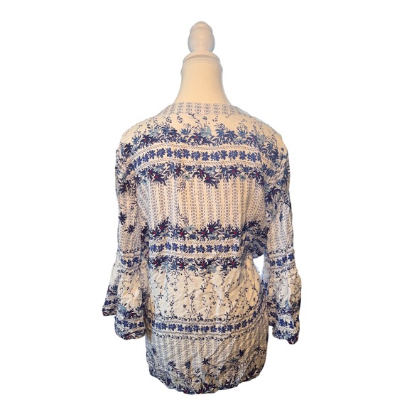 EST 1946 Blue White Floral Boho Blouse Bell Sleeve Rayon Top - Picture 3 of 5